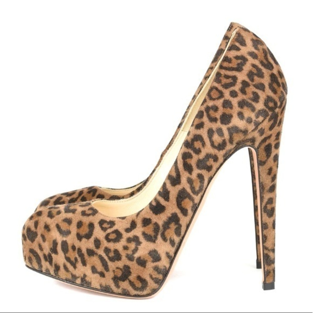 Brian Atwood Leopard Platform Leather Suede Round Toe Animal Print High Heels